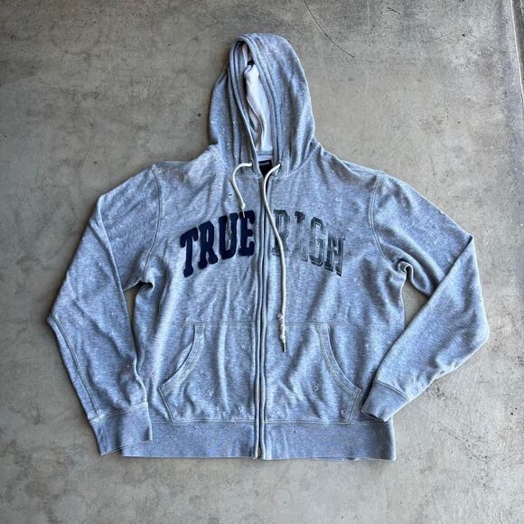 True Religion y2k Zip up Hoodie w distressing mens size L - Picture 1 of 2